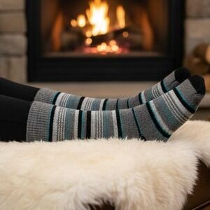 Escape Heat‎ Insulated Thermal Socks Women 9 11 Gray Black Aqua Stripe Cozy Warm